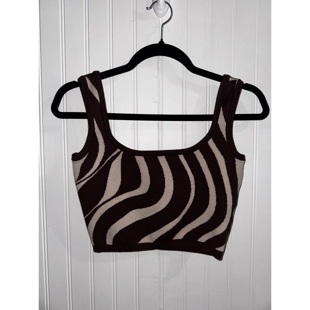 Bailey Rose Brown Zebra Swirl Knit Crop Top Square Neck Sweater Tank Womens M